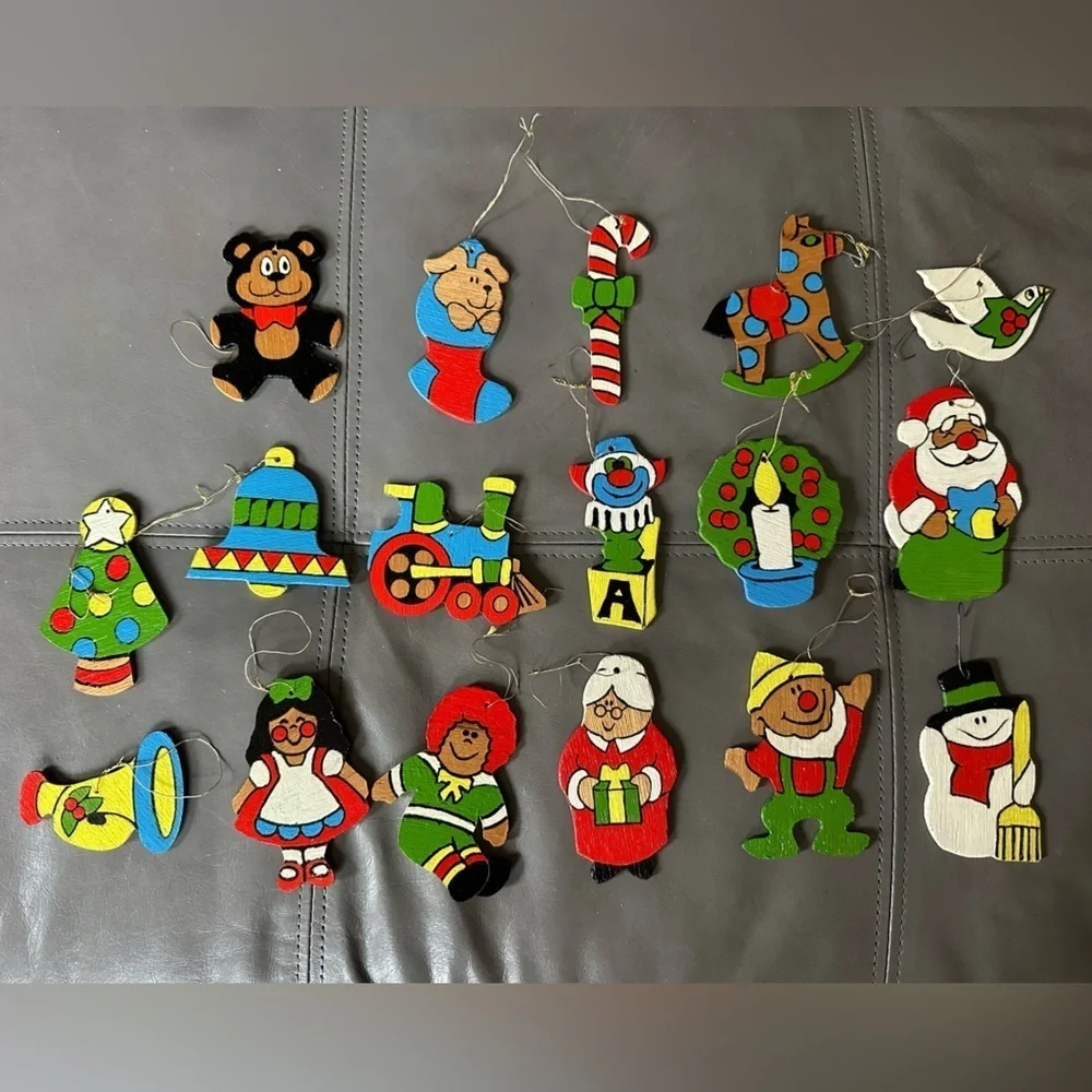 Vintage wood painted Christmas ornaments 17 individual ornaments